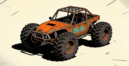 Dust Eater Buggy: a rusty buggy with huge wheels and a roll cage