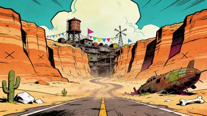 Outpost Canyon: a desert canyon with a scrap-built outpost and a crashed airship