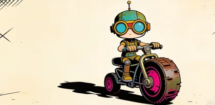 Sparky: a tiny goggled engineer riding a scrap-metal unicycle