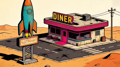 Rocket Diner: a roadside diner with a rocket-shaped sign