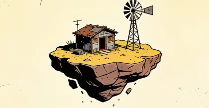 Hermit Island: a floating rock with a tin shack and a windmill