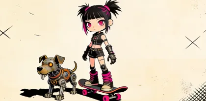 Kickflip Kat: a punk skater girl next to her mechanical dog