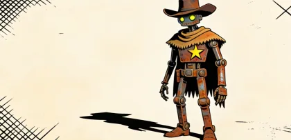 Sheriff Rust: a lanky robot with a poncho, a hat and a star