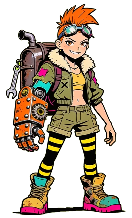 Rufa the Scrapper: a mechanic with a robotic arm and a backpack full of scrap